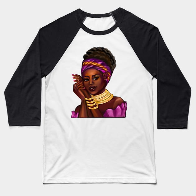 Afro Queen Black is beautiful anime manga black girl with Gold bangles, neck ring necklace, purple dress and head wrap, brown eyes and dark brown skin ! Baseball T-Shirt by Artonmytee